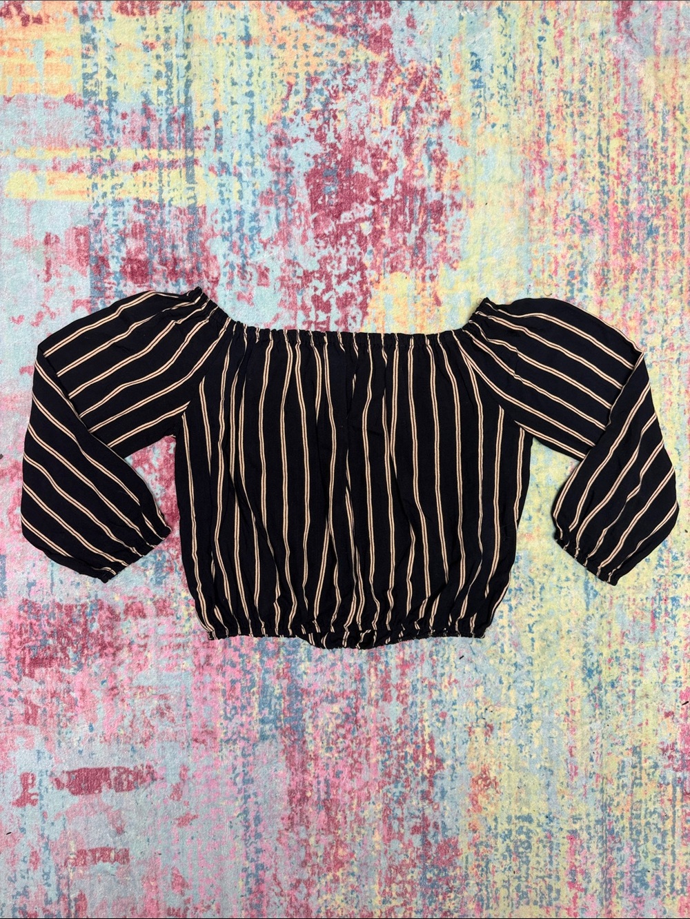 Brandy Melville Black Top with Tan Stripes - Off-Shoulder Crop